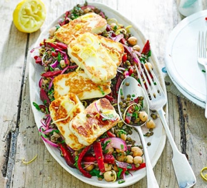 Halloumi with lemony lentils, chickpeas and beetroot. (via bbcgoodfood.com)