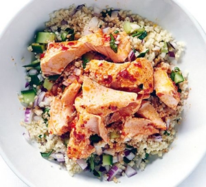 Harissa Salmon with zesty couscous (via bbcgoodfood.com)