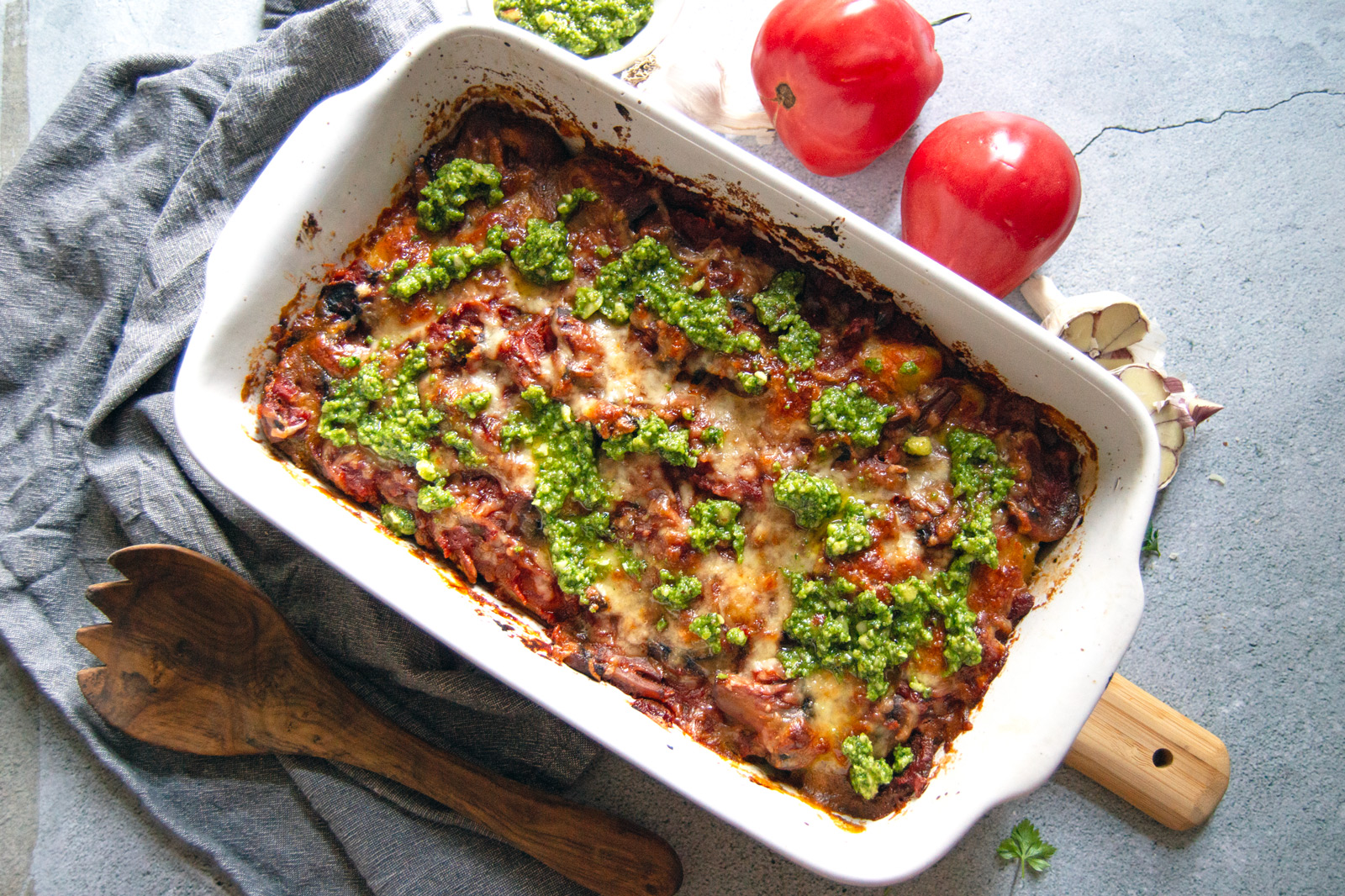 Vegan Pesto Gnocchi and Mushroom Bake