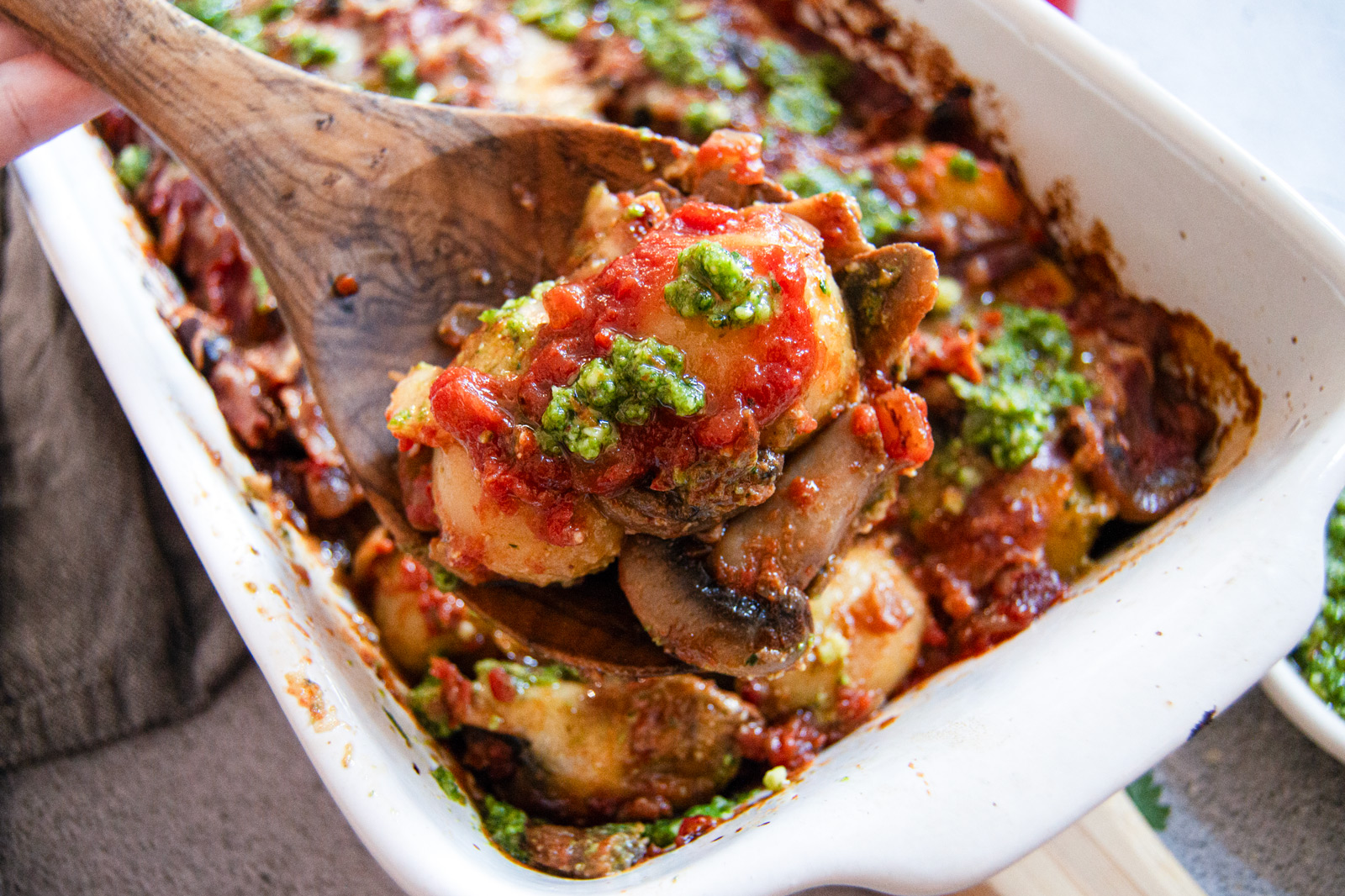 Vegan Pesto Gnocchi and Mushroom Bake