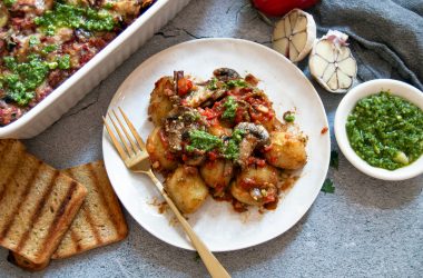 Vegan Pesto Gnocchi and Mushroom Bake