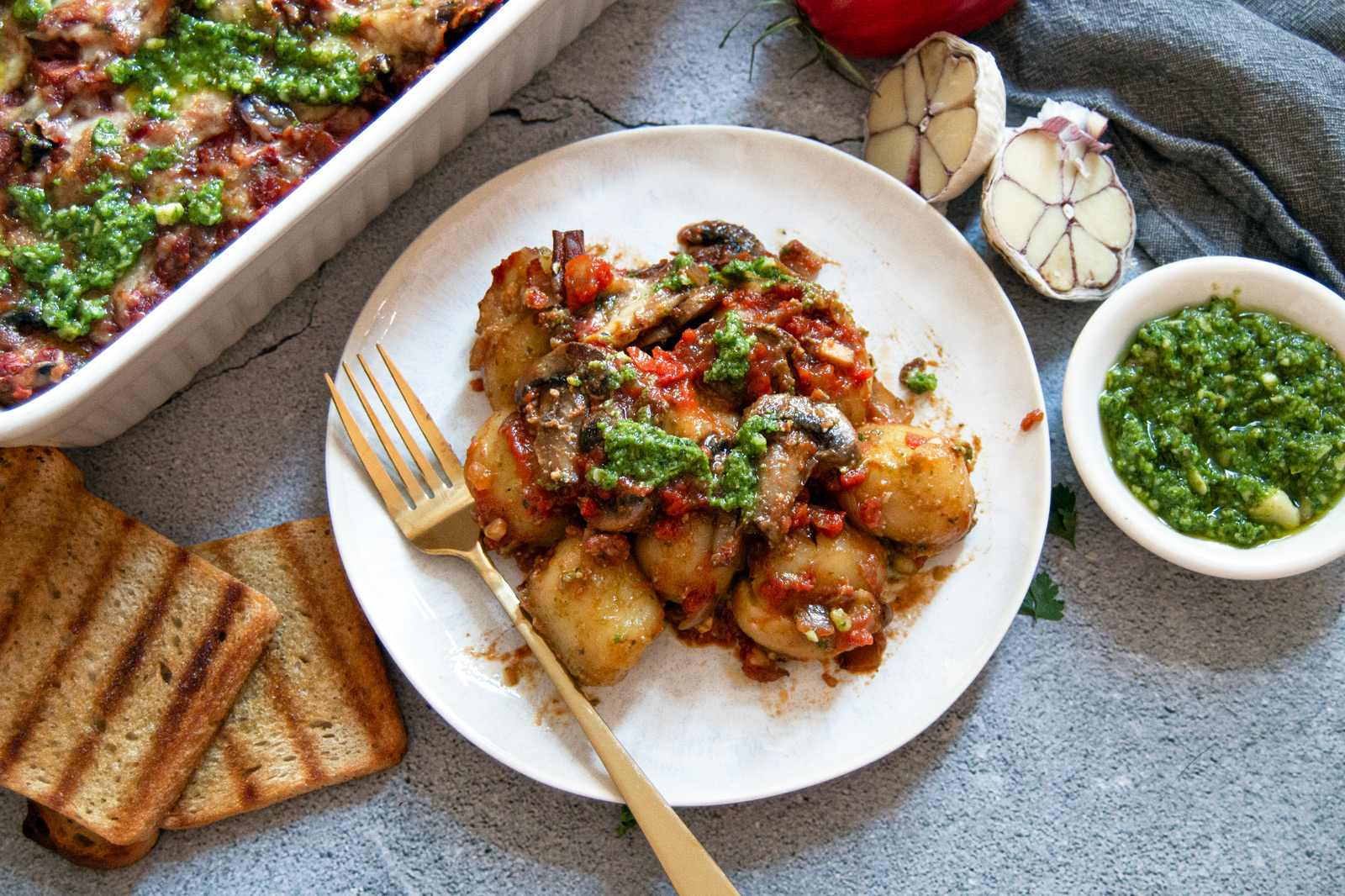 Vegan Pesto Gnocchi and Mushroom Bake