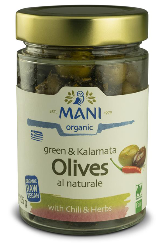 Organic Mixed Olives with Chilli and Herbs 205g (Mani)