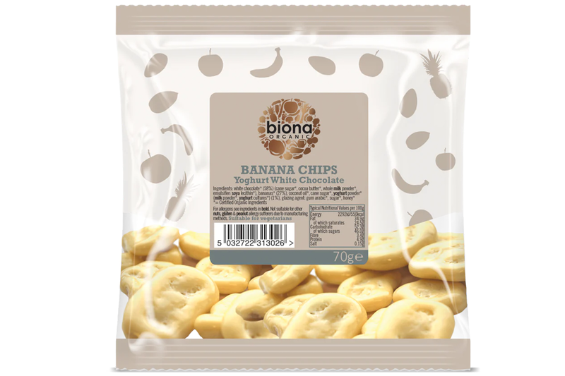 Organic Yoghurt/White Chocolate Coated Banana Chips 70g (Biona)