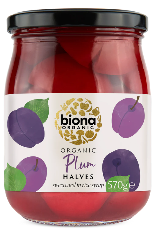 Organic Plum Halves in Rice Syrup 570g (Biona)